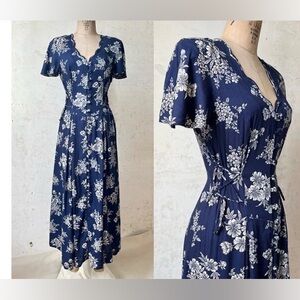 Vintage 90’s Jamie Brooke Navy Floral Print Rayon Corset Lace Maxi Dress